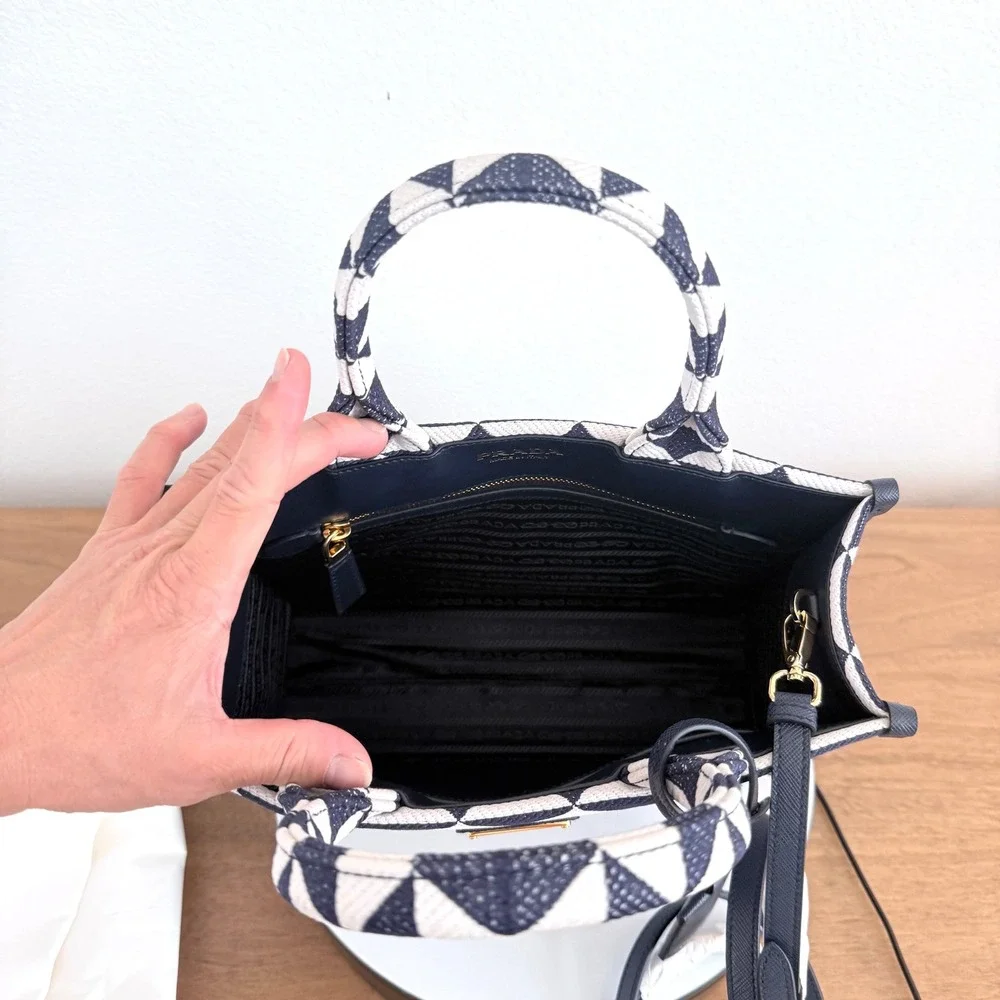 Prada Milano 1BA354 Symbole Jacquard Tote Blue White Triangle Pattern Bag Italy
